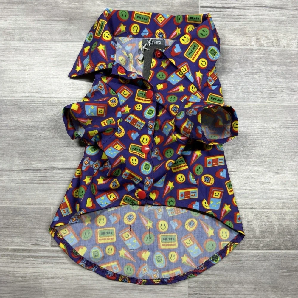 New FuzzYard Size 4 Pet Dog Apparel Highscore Button-UP Dog Shirt Smiley Faces